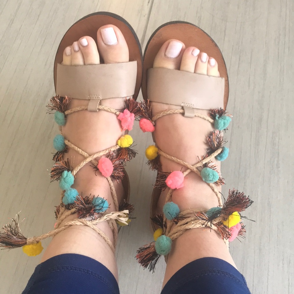 Pom Pom lace up ankle tie flats